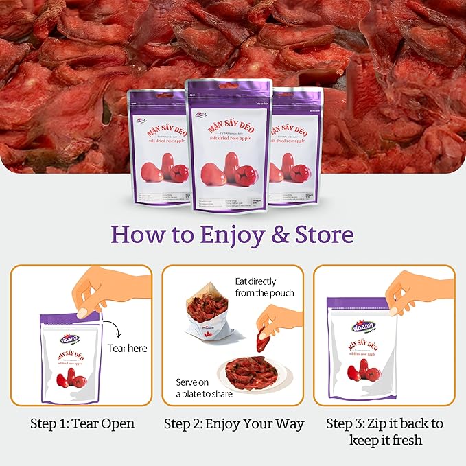 Vinamit Soft Dried Rose-Apple | Dried Plums 3.5 oz Bag | Tropical Fruit Snack | Vegan, Gluten-Free