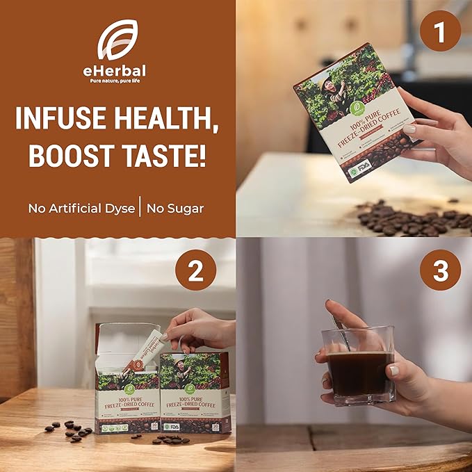 eHerbal Vegan Calming Instant Coffee Powder, plant base freezed dried Cold Brew 20 Packs | Smooth &