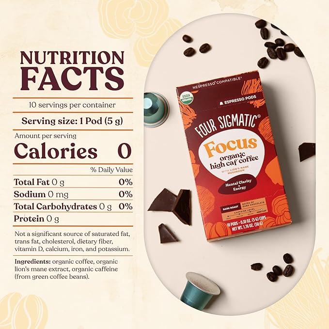 Four Sigmatic Focus High Caffeine Coffee Pods Compatible with Nespresso Original | Organic Dark