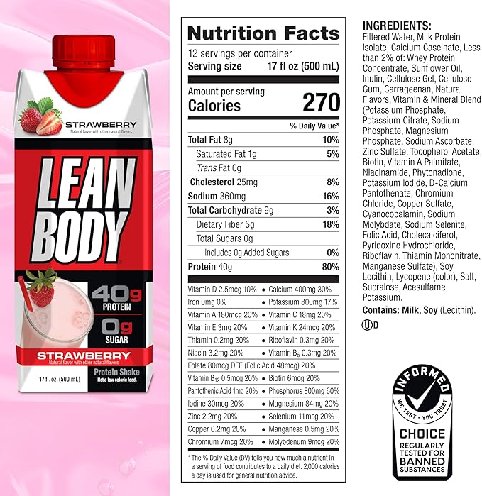Labrada Lean Body Ready-to-Drink Strawberry Protein Shake, 40g Protein, Whey Blend, 0 Sugar, Gluten