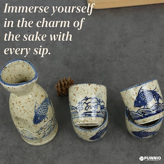 Ceramic Sake Set, 5pcs Japanese Saki Set with 1 Sake Carafe 4 Sake Cups, Saki Cup Set as Gift for