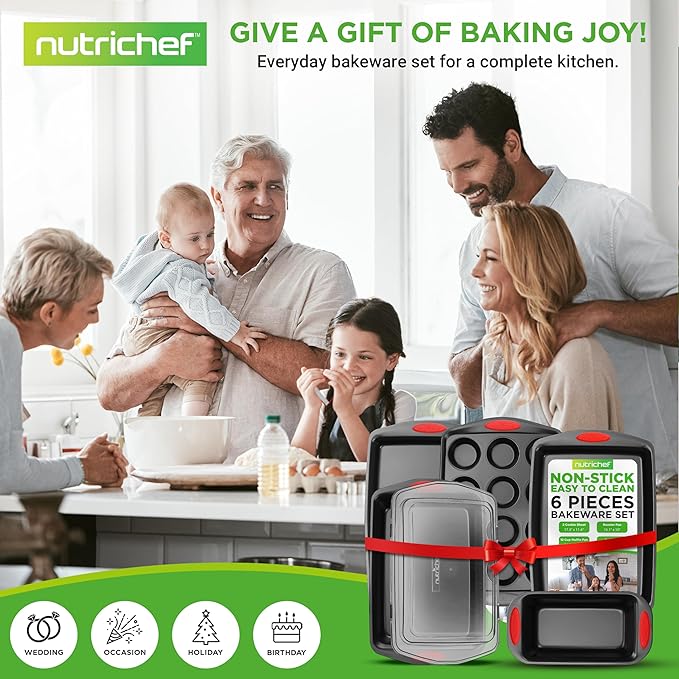 NutriChef 6-Piece Baking Pan Set - PFOA, PFOS, PTFE Free Flexible Nonstick Black Coating Carbon