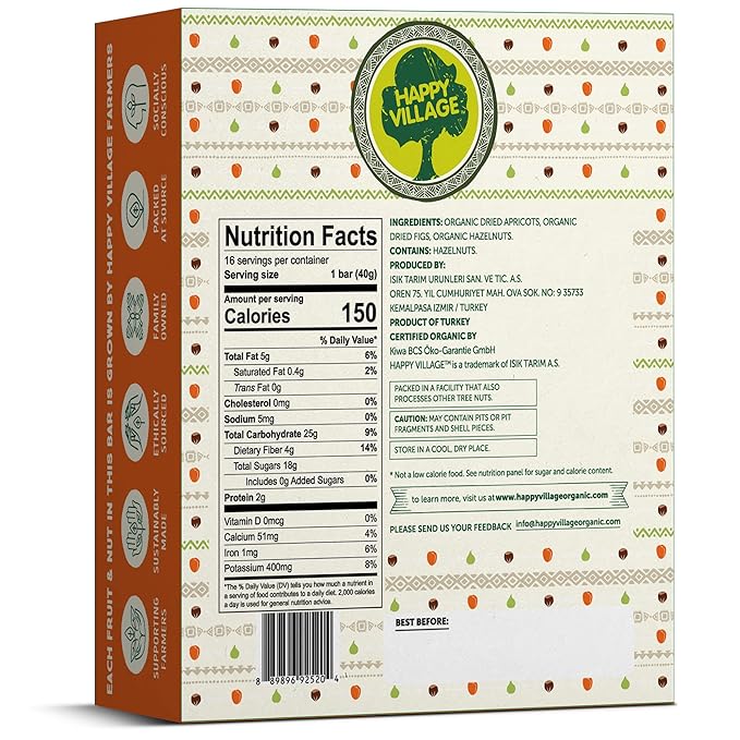 Happy Village Organic Fig & Nut Bar, APRICOT | Only 3 Ingredients, Gluten Free, No Added Sugar