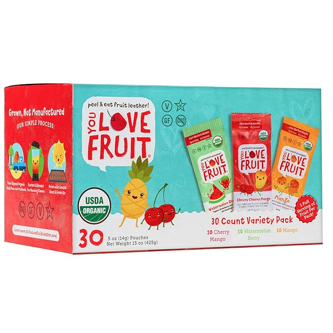 YOU LOVE FRUIT - Fruit Snacks Variety Pack 30 count, 100% Natural Gluten-Free, Vegan, Low Carb, Low