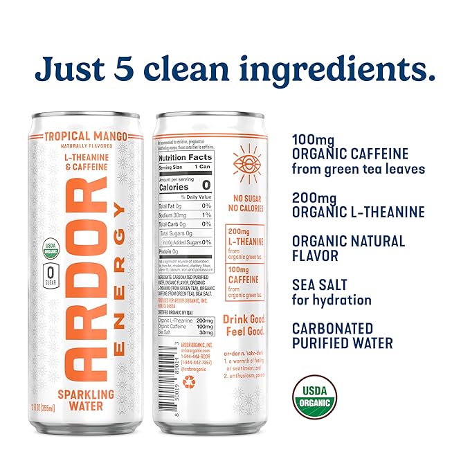 ARDOR ENERGY Sparkling Water with 100mg Natural Caffeine & 200mg L-Theanine from Organic Green Tea