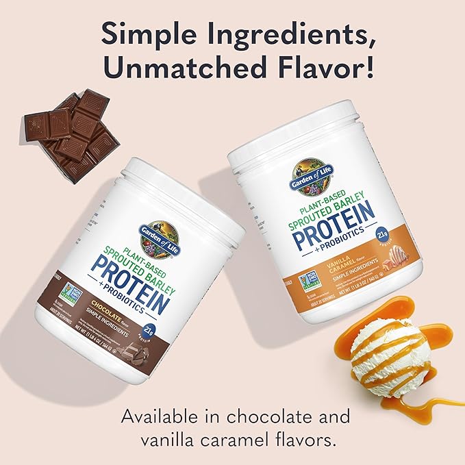 Garden of Life Plant-Based Sprouted Barley Protein, Vanilla Caramel with 21g Protein, 0g Sugar &