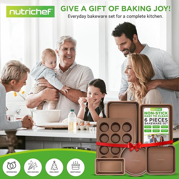 NutriChef 6-Piece Nonstick Bakeware Set, Carbon Steel Baking Pans, Includes Cookie Trays, Wide &