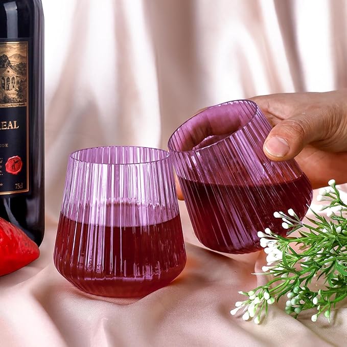 40 Pack Plastic Ribbed Wine Glasses, 14Oz Origami Disposable Wine Glasses Unbreakable Clear Plastic