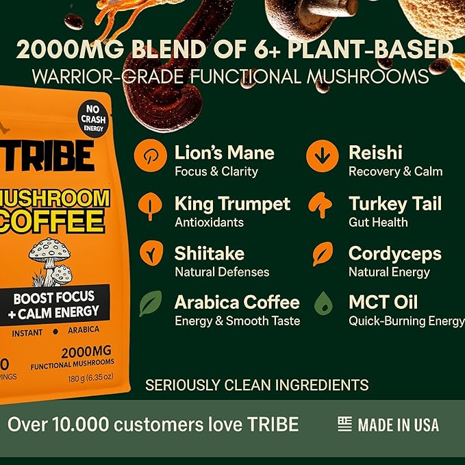 TRIBE 6 Mushroom Coffee + MCT Oil, Creamy Instant Barista Blend - Clean Daily Energy, Focus, Immune