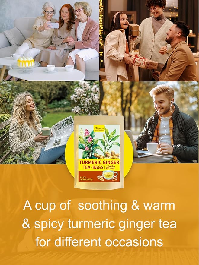 TeeLux Turmeric Ginger Tea Bags, Pure Natural Turmeric Ginger Herbal Tea, Spicy & Smooth Flavor