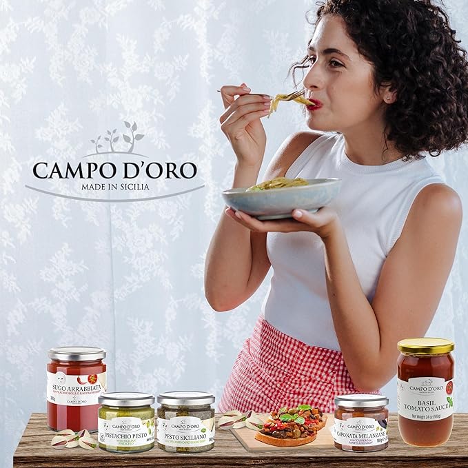 CAMPO D'ORO - Basil Pesto with Pecorino, Sicilian Creamy Pesto Recipe. Net Wt 6.35 oz (180g)