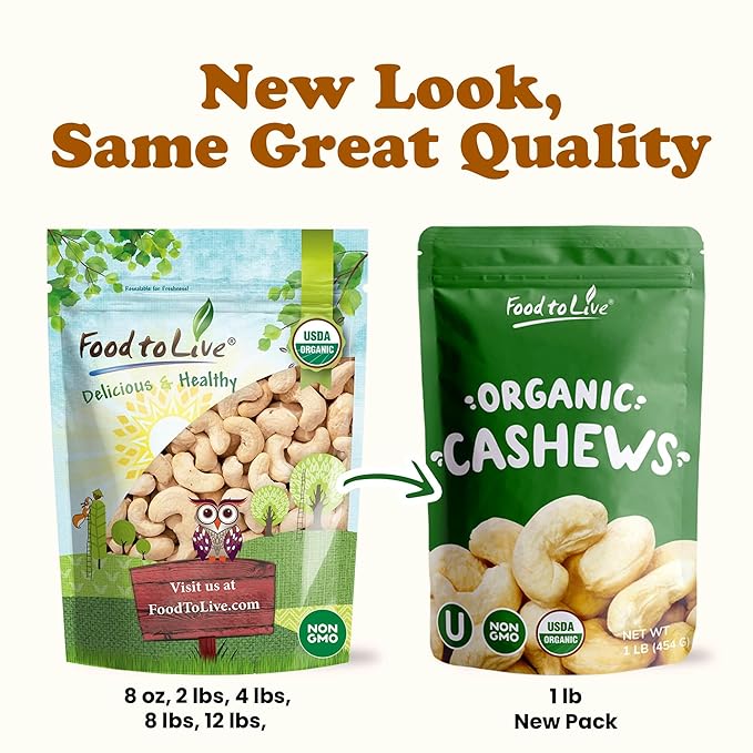 Food to Live Organic Cashews, 1 Pound ??Whole, Size W-240, Unsalted, Non-GMO, Kosher, Raw, Vegan