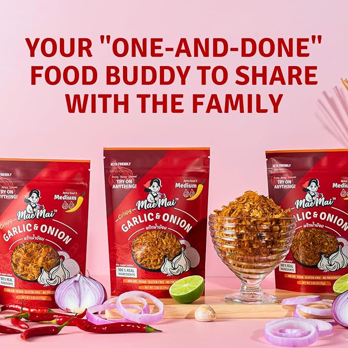 MaeMai Chili Crisp (MEDIUM HOT Spice) - Spicy Umami Onion & Garlic Flakes - All-Purpose Seasoning