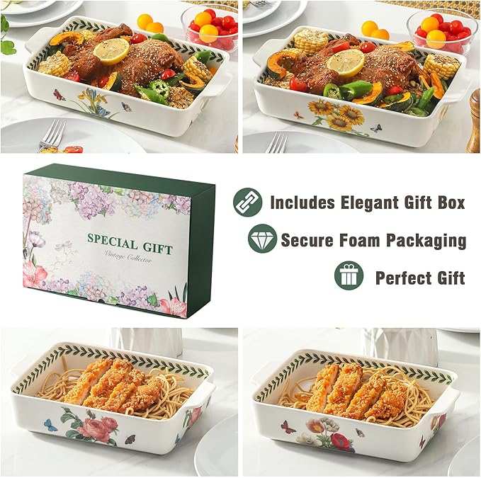 Ceramic Baking Casserole Dish with Handles, Large 8x13 inch & 6x10 inch Pan and Middle Baking Pan
