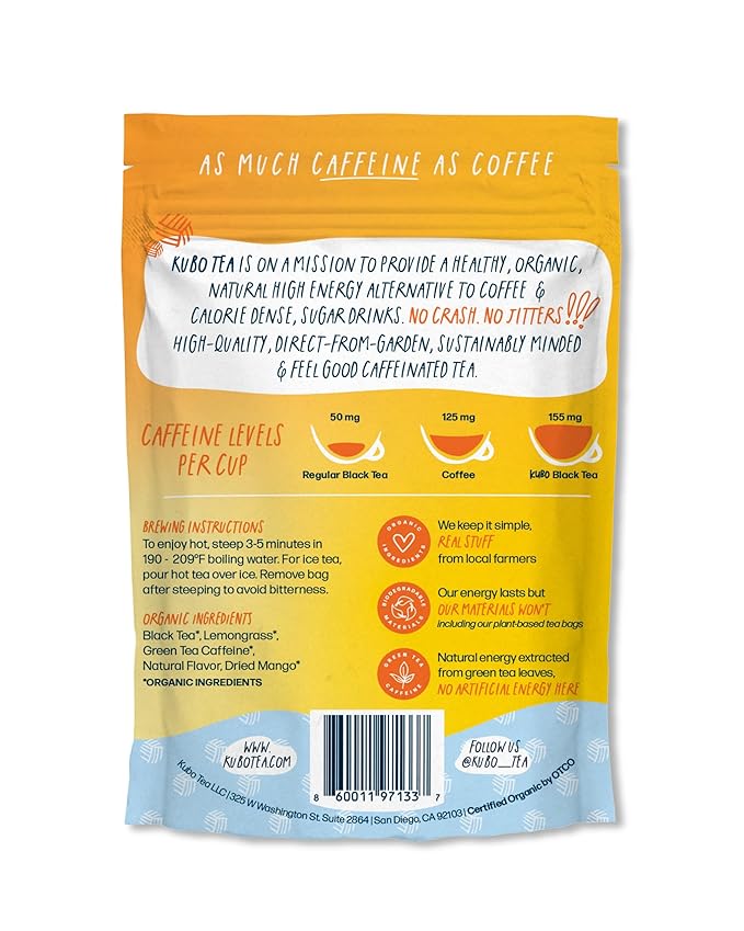 Kubo Tea Lemon Mango Black Tea - Organic High Caffeine Energy Blend - 20 Pyramid Tea Bags (155mg
