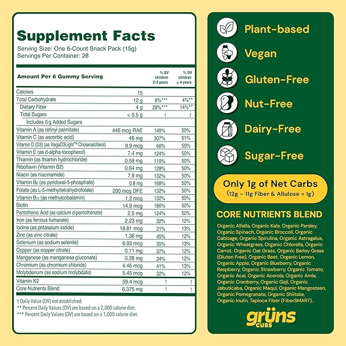Gruns Kids Vitamins, Super Greens Gummies, Sugar-Free Superfood Gummy Bears With Spirulina