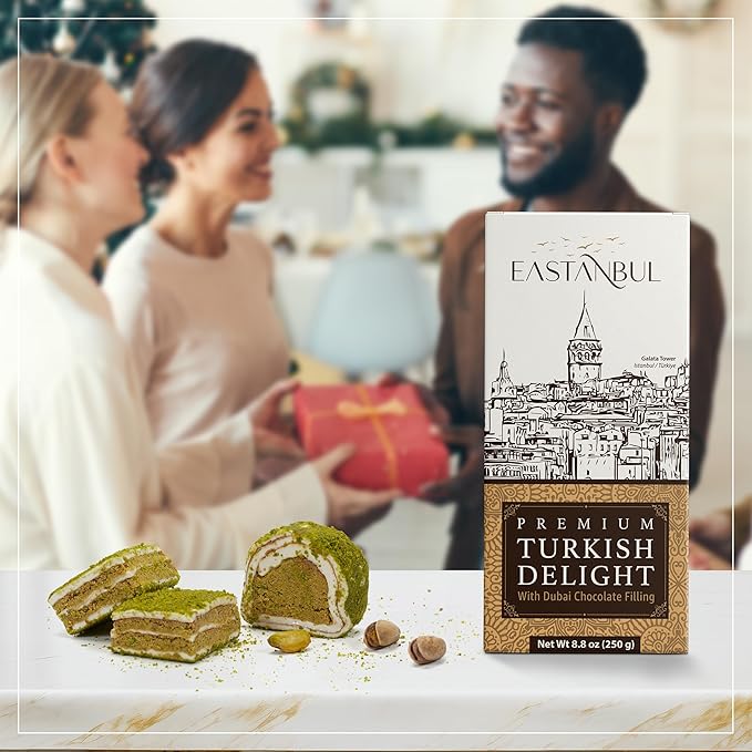Eastanbul Premium Turkish Delight with Dubai Chocolate Filling, 8.8oz, Turkish Delights Pistachio