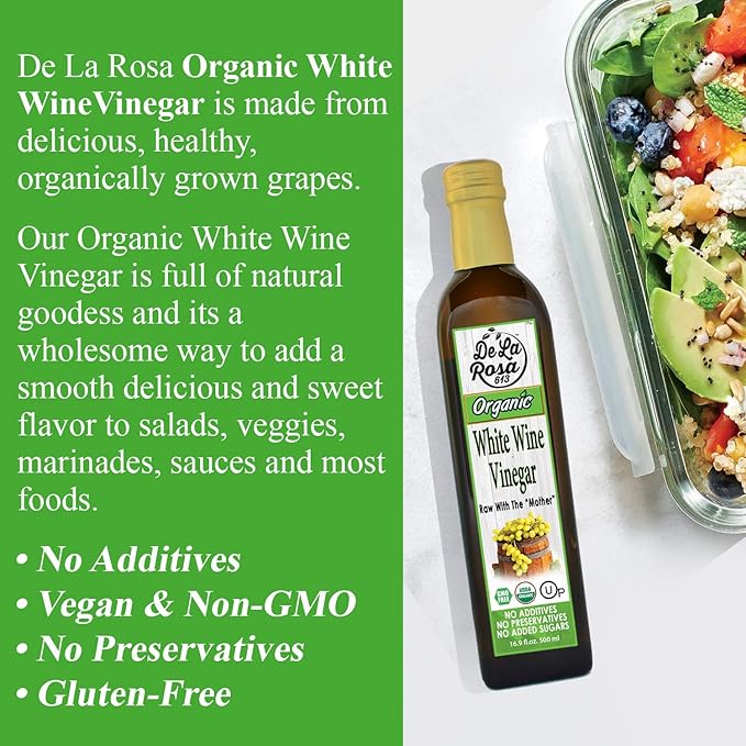 De La Rosa White Wine Vinegar, Raw & Unfiltered, with the “Mother”, Kosher for Passover, Vegan