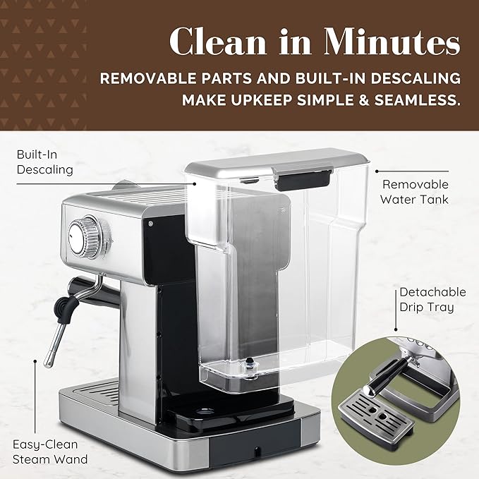 Espresso Machine 20 Bar with Steam Milk Frother | Stainless Steel Espresso Maker with Customizable