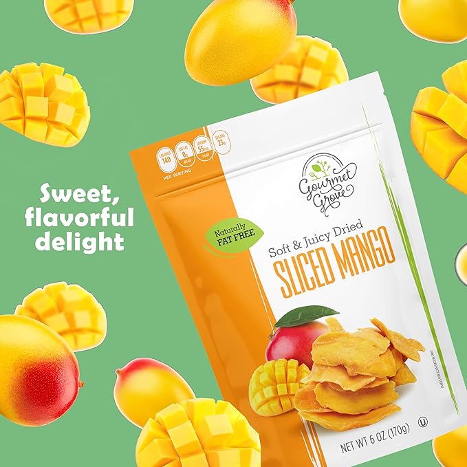 Gourmet Grove - Sliced Mango 6 oz Snack Packs | Soft, Juicy, Natural Dried Mango Slices | Lightly