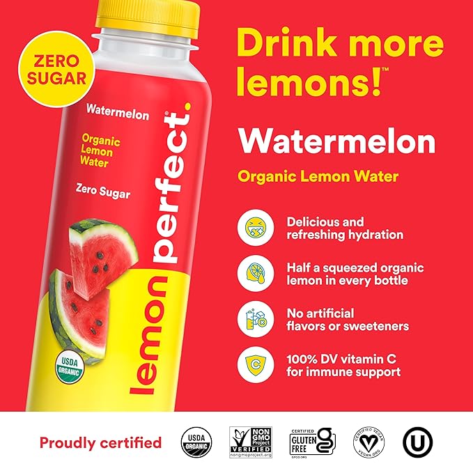 Lemon Perfect Watermelon, Flavored Lemon Water, Organic, Zero Sugar, Healthy Hydration Drinks, 15.2