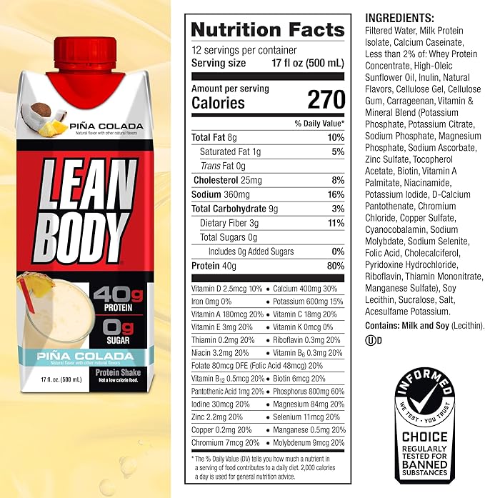 Lean Body Ready-to-Drink Pina Colada Protein Shake, 40g Protein, Whey Blend, 0 Sugar, Gluten Free