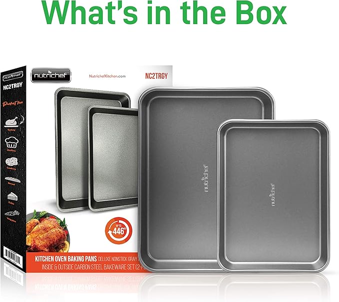 NutriChef 2-Piece Nonstick Stackable Cookie Sheets - Heavy Duty, Non-Toxic Carbon Steel Bakeware
