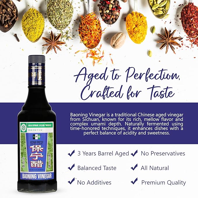 NPG Baoning Vinegar 16.9 Fl Oz, Barrel Aged Black Rice Vinegar, Authentic from Sichuan, Artisan