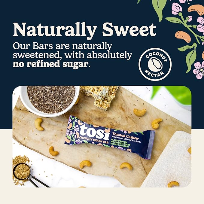 Tosi Cashew Protein Bars, Plant Based with Nuts, Gluten-Free Crunchy Snacks, Vegan, Organic, Flax &