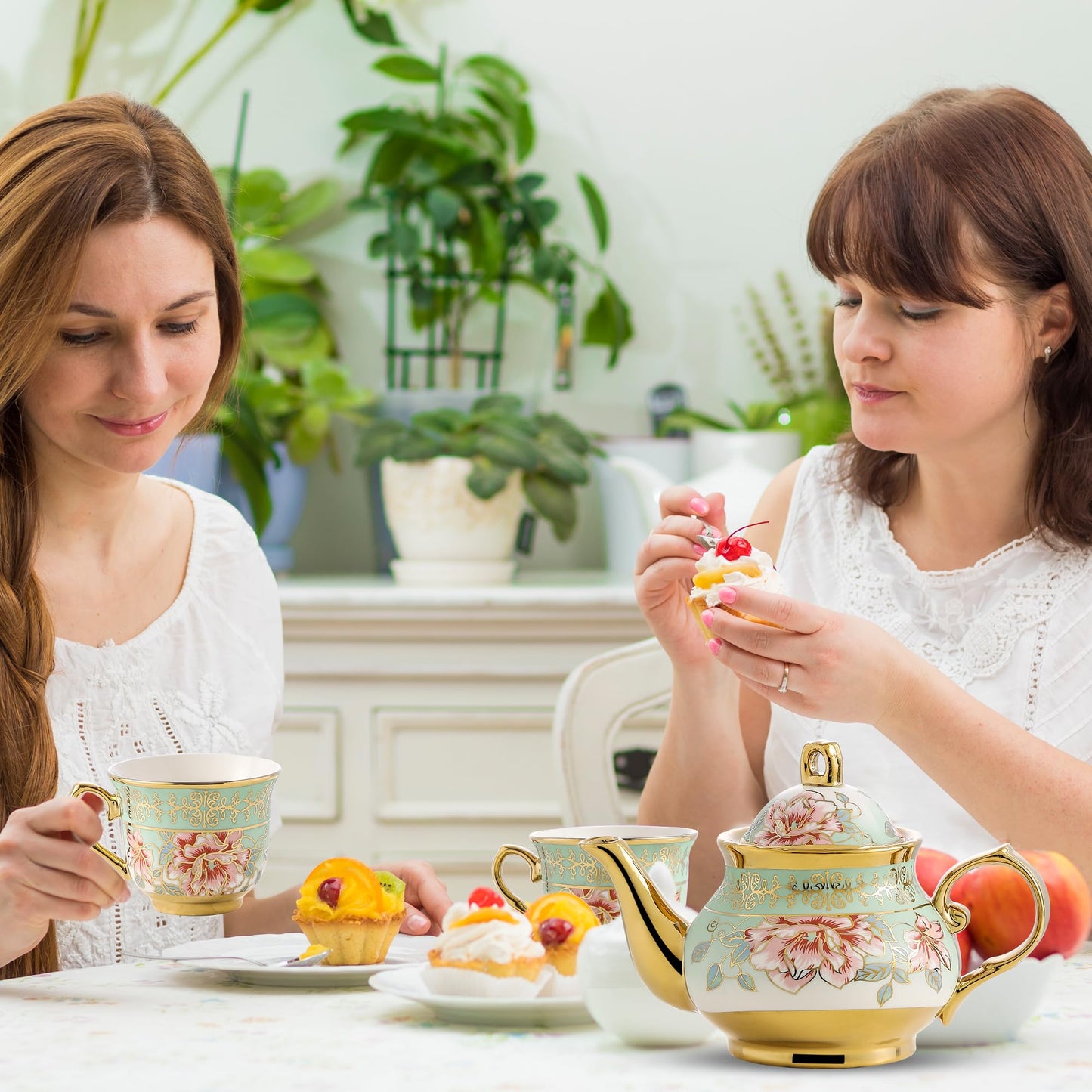 20 Pieces Porcelain Tea Set With Metal Holder, European Ceramic tea set for adults,Flower Tea
