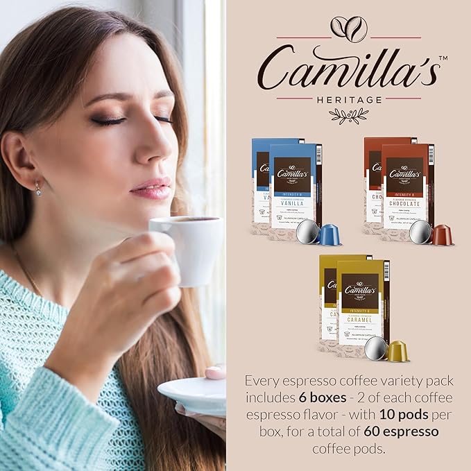 Camilla’s Heritage - Intensity 8 Flavored Espresso Coffee Variety Pack (Gourmet Chocolate, Vanilla