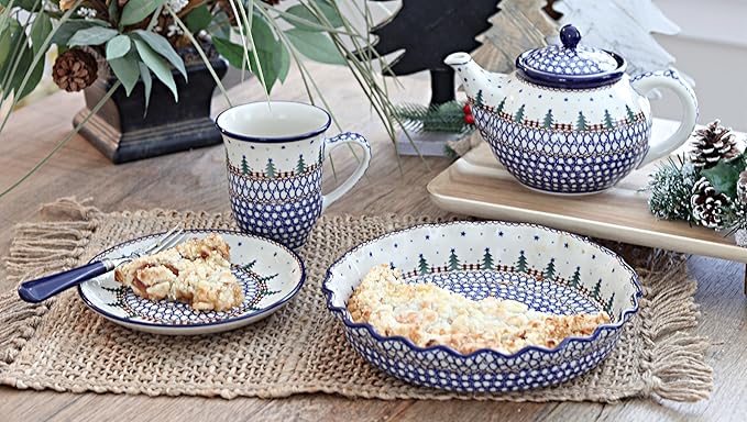Blue Rose Polish Pottery - Blue Rustic Pines Pie Plate - 10" Diameter - Ceramic Baking Dish, For
