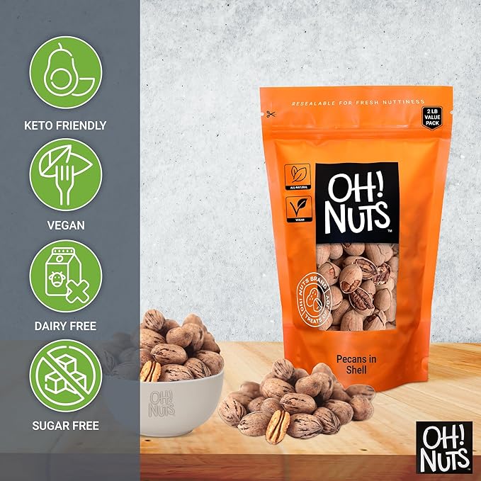Oh! Nuts Pecans in Shell - Raw - 100% Natural - 2 lb - High-Protein Pecans - Packed in New York