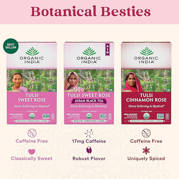Organic India Tulsi Cinnamon Rose Herbal Tea - Holy Basil, Stress Relieving & Mystical, Immune