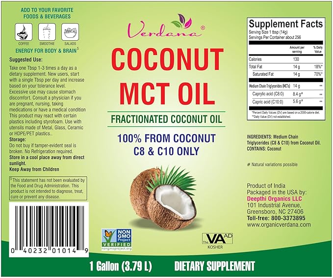 Verdana MCT Oil, Fractionated, 100% from Coconut - 1 Gallon - Kosher Food Grade, Vegan, Non-GMO