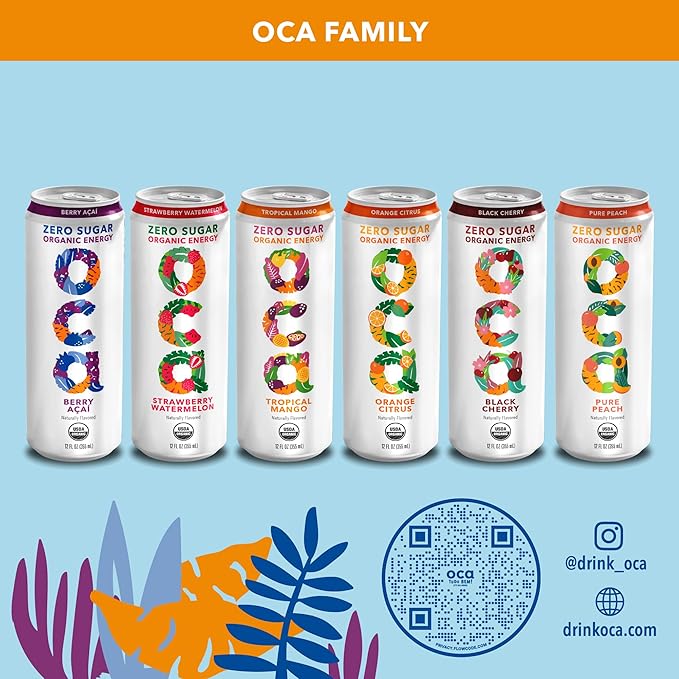 OCA ZERO Berry Acai, Organic energy drink, zero sugar, gluten-free, vegan plant-based, 12 Fl Oz (12
