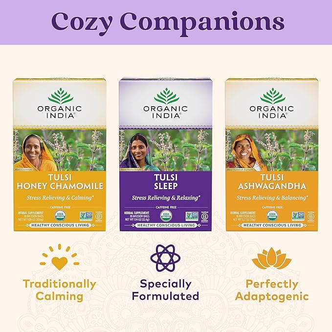 ORGANIC INDIA Tulsi Sleep Herbal Tea - Holy Basil, Ashwagandha, Chamomile, Night Time Tea for