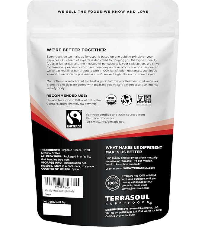 Terrasoul Superfoods Organic Freeze-Dried Instant Coffee, 3.5 oz - Fairtrade | Arabica Beans |