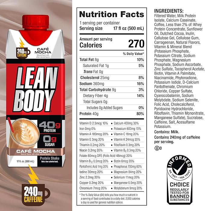 Lean Body Ready-to-Drink Café Mocha Protein Shake, 240mg Caffeine, 40g Protein, Whey Blend, 0