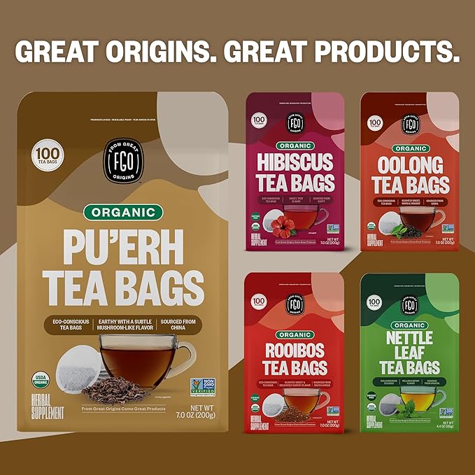 FGO Organic Pu'erh Tea, 100 Count, Eco-Conscious Tea Bags, Resealable Bag, Packaging May Vary (Pack