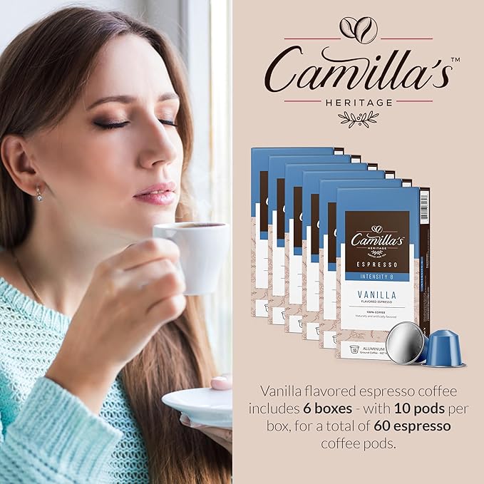 Camilla’s Heritage - Intensity 8 Vanilla Flavored Espresso Coffee, Gourmet Espresso Cups, 60 Coffee