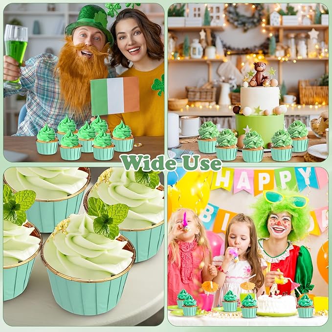 300 Pack Green Gold Cupcake Cups Bulk Disposable Foil Muffin Liners 3.5 oz Wrappers for Baking