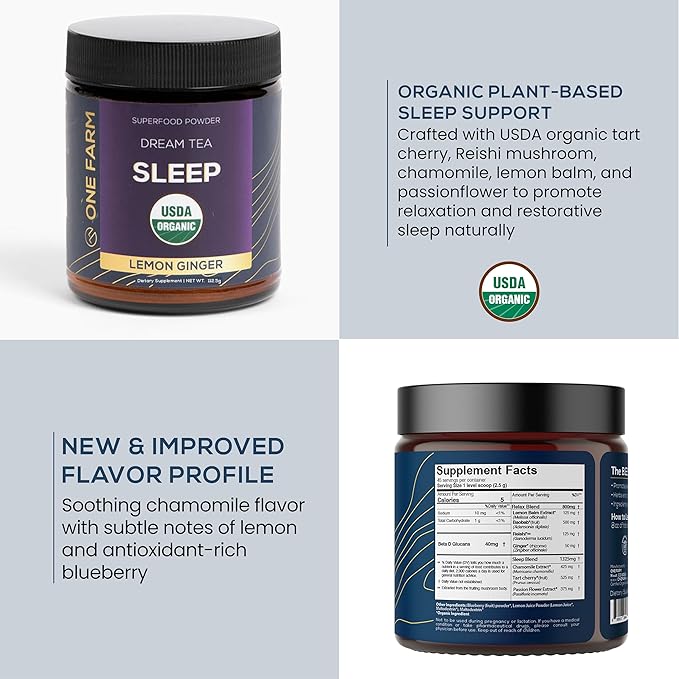 One Farm Dream Tea Sleep Powder - with USDA Organic Reishi, Tart Cherry, Chamomile, Lemon Balm, and