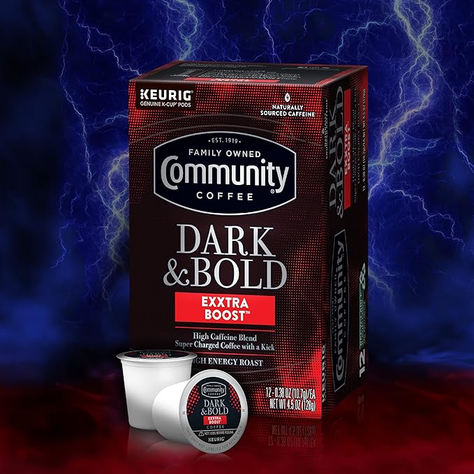 Community Coffee Dark & Bold Exxtra Boost 12 Count Coffee Pods, Compatible with Keurig 2.0 K-Cup