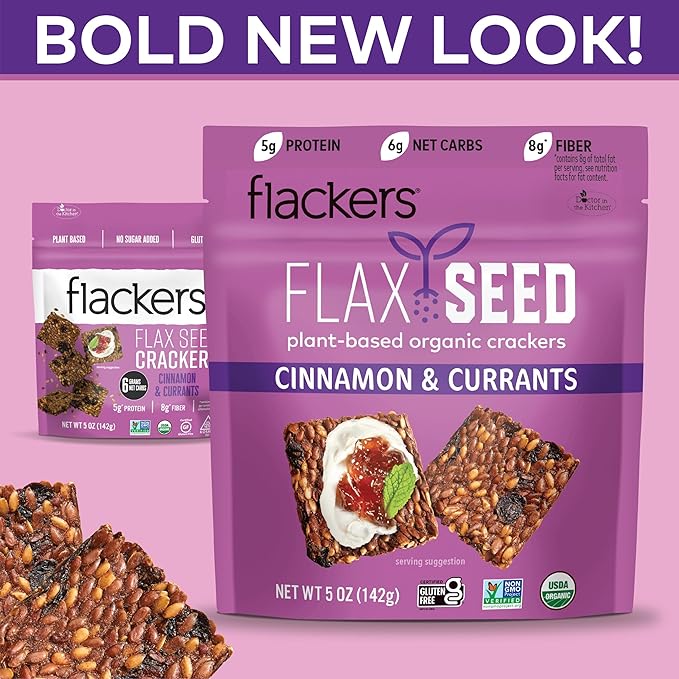 Flackers Organic Flax Seed Crackers Cinnamon & Currants, 5 Ounce 1 Pack, Gluten Free, Non GMO