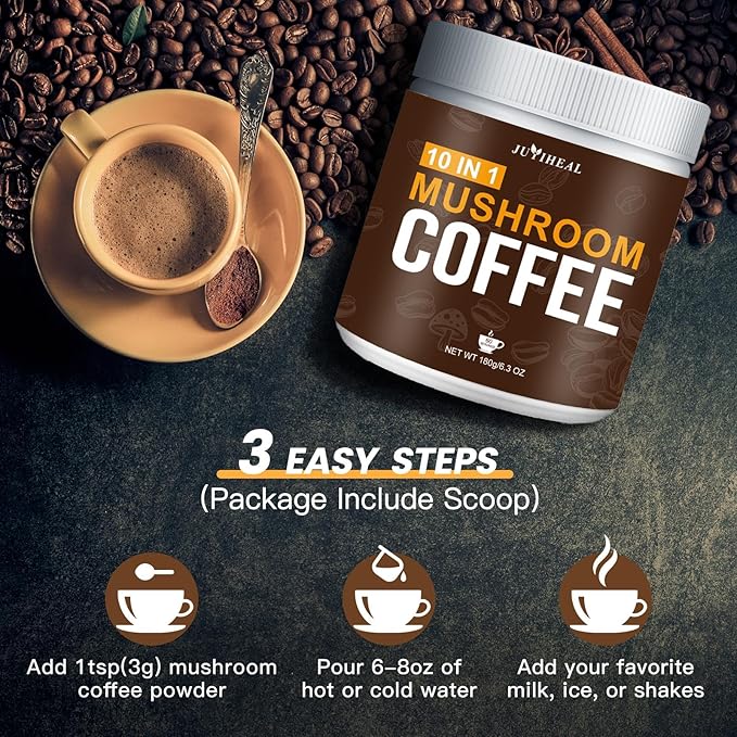 JUYIHEAL Mushroom Coffee, 10 in1 Mushroom Powder Coffee with Lions Mane, Chaga, Reishi, Cordyceps