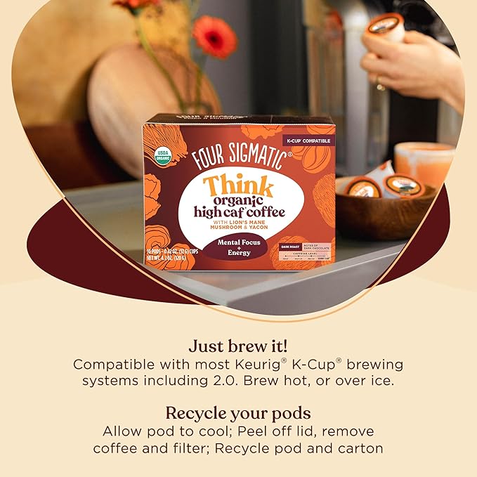 Four Sigmatic High Caffeine Mushroom Coffee K-Cups | Organic Dark Roast Coffee with Lion’s Mane &