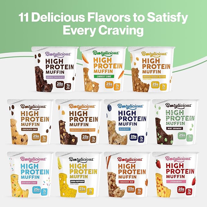 Bootylicious | High-Protein Muffin | 25g Protein, 7g Net Carbs, 2.32-2.75oz Cup, 12-Pack (Variety