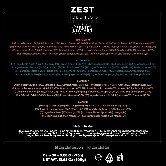 Fruit Snacks by Zest Delites, Fruit Leather Bars, Healthy Snacks for Adults & Kids, Vegan, Dried