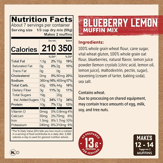 Kodiak Cakes Power Bake, Protein Muffin Mix, Blueberry Lemon, 14 Ounce (Pack of 6)
